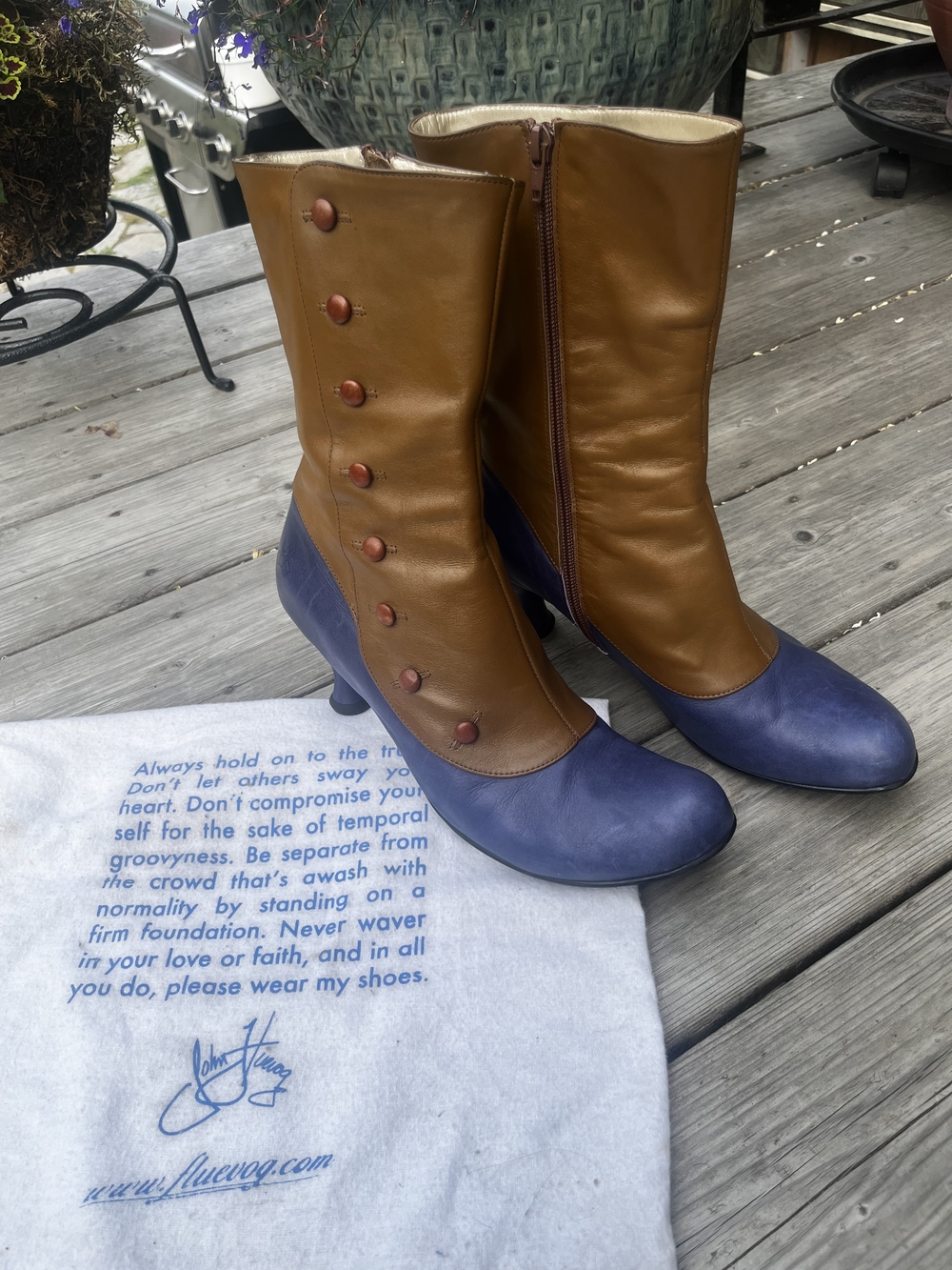 John Fluevog Two-Tone Brown and Blue Mid-Calf Button Boot